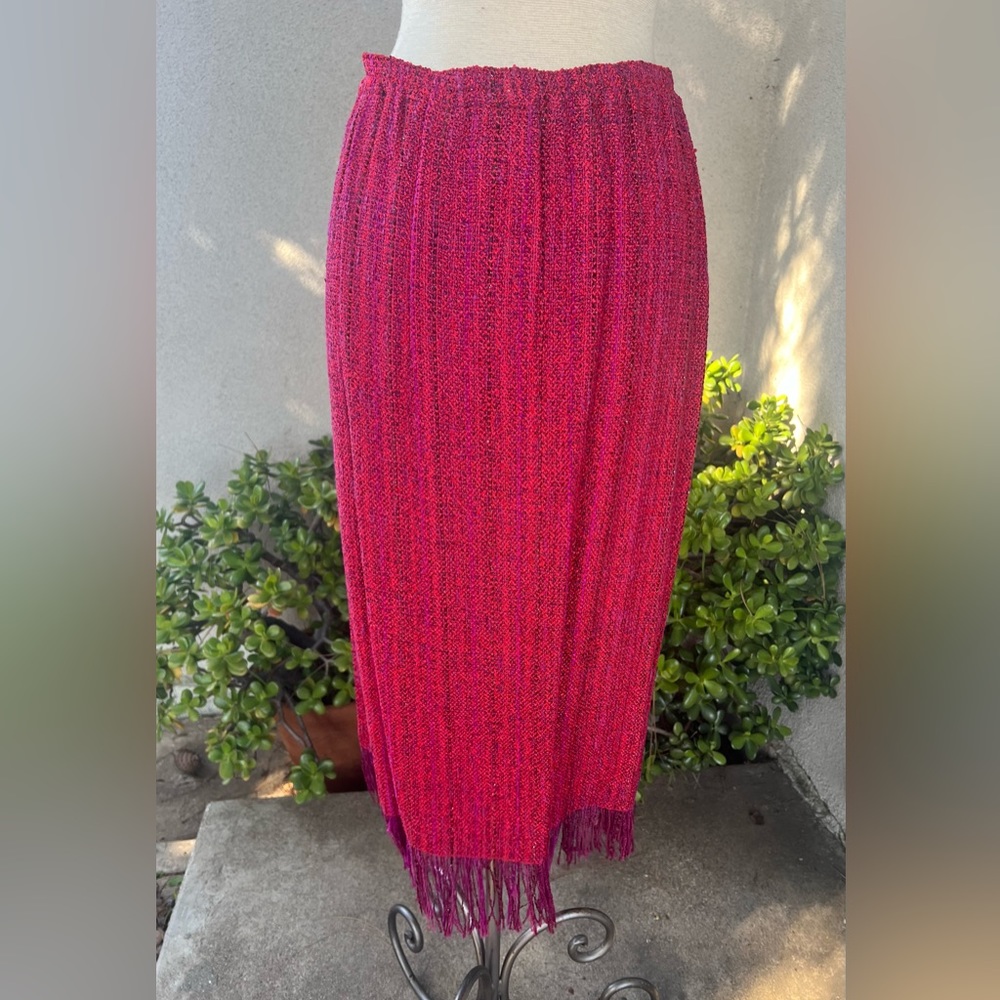 Vtg boho knit skirt red purple S/P fringe hand woven by Zonda Nellis - Picture 4 of 8
